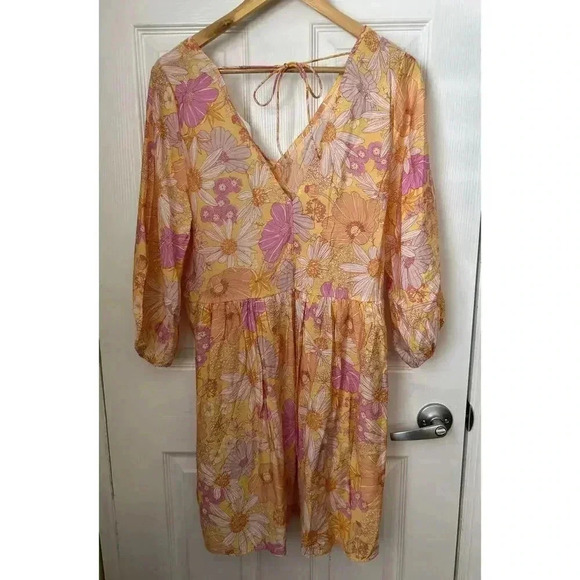 NWT Floral Babydoll Women’s Size S H&M Puff Sleeves V Neck Oversized Pink Yellow - Picture 3 of 13